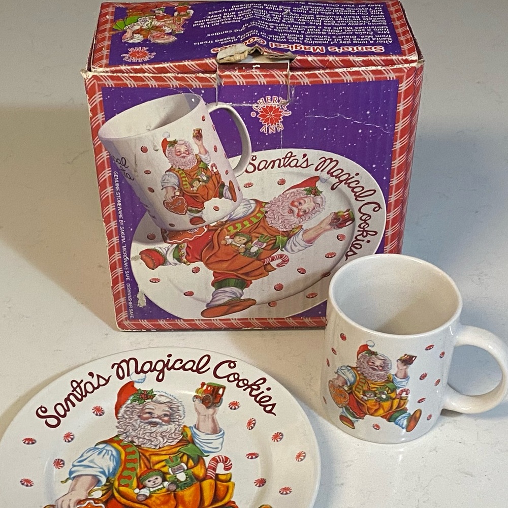 SAKURA SANTA'S MAGICAL COOKIES COFFEE MUG & PLATE CHERYL ANN JOHNSON CHRISTMAS